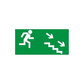 Kierunek do wyjścia drogi ewakuacyjnej schodami w dół w prawo