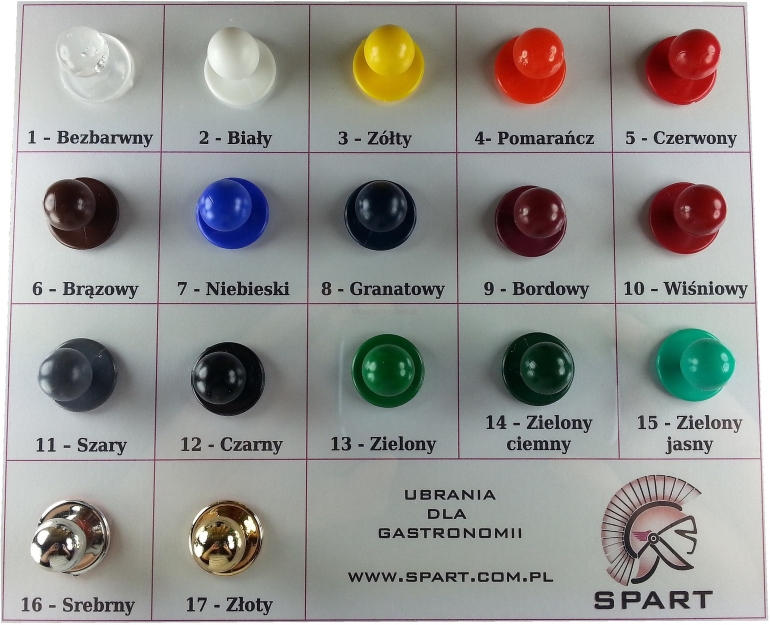 guziki kucharskie, białe, bezbarwne, żółte, pomarańczowe, czerwone, brązowe, niebieskie, granatowe, czarne, zielone, szare, złote, srebrne,  clipy 17 kolorów