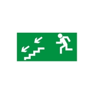 Kierunek do wyjścia drogi ewakuacyjnej schodami w dół w lewo